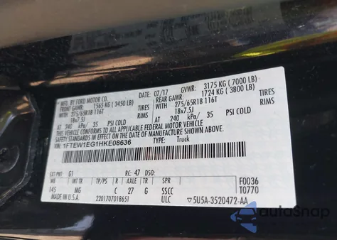 2017 Ford F-150 Xlt z USA, uszkodzony, nr VIN 1FTEW1EG1HKE08636